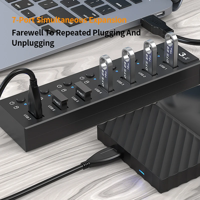 USB 3.0 Hub عالية السرعة Hub 7 منافذ متعددة 3.0 محور التبديل متعدد USB الخائن 60 سنتيمتر موسع لأجهزة الكمبيوتر المحمول محول الملحقات