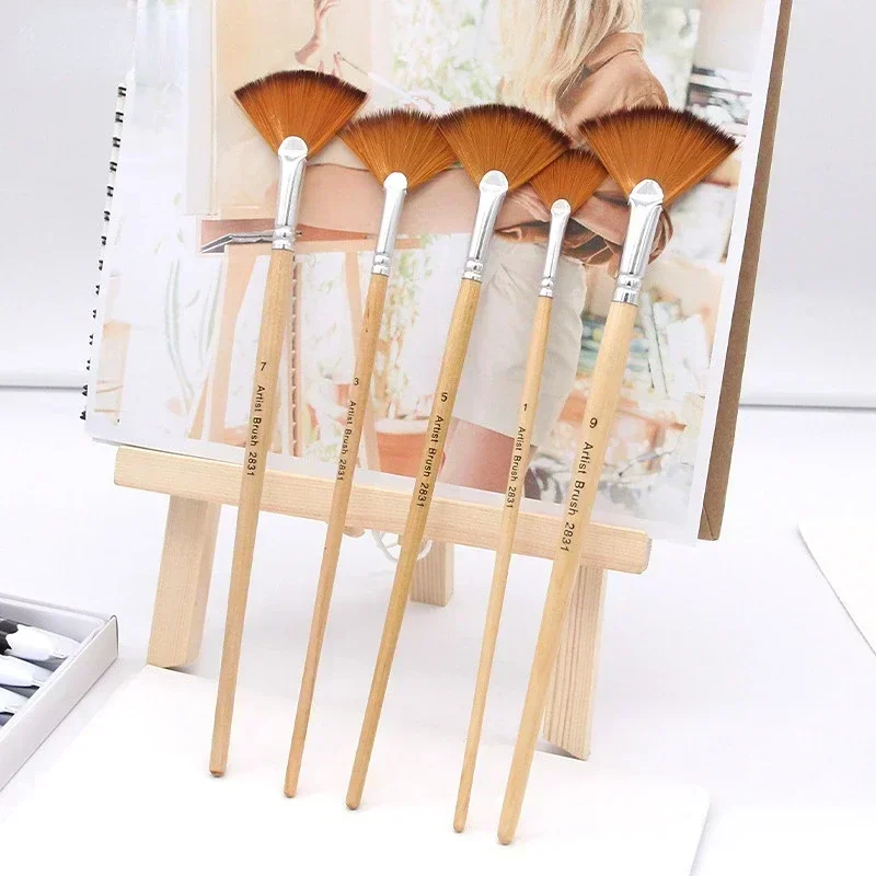 5pcs Set Fan Shape Double Nylon Hair Acrylic Brush Acrylic Suit art supply artist Large Area Auxiliary Painting Oil Painting Pen