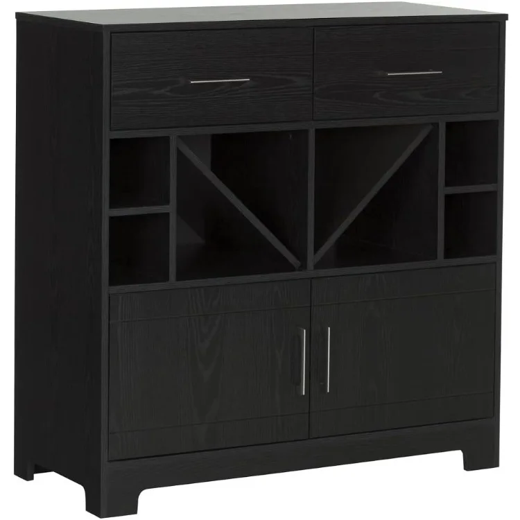 Vietti Bar Cabinet with Liquor and Wine Bottle Storage with Drawers, Black Oak with Metal Handles