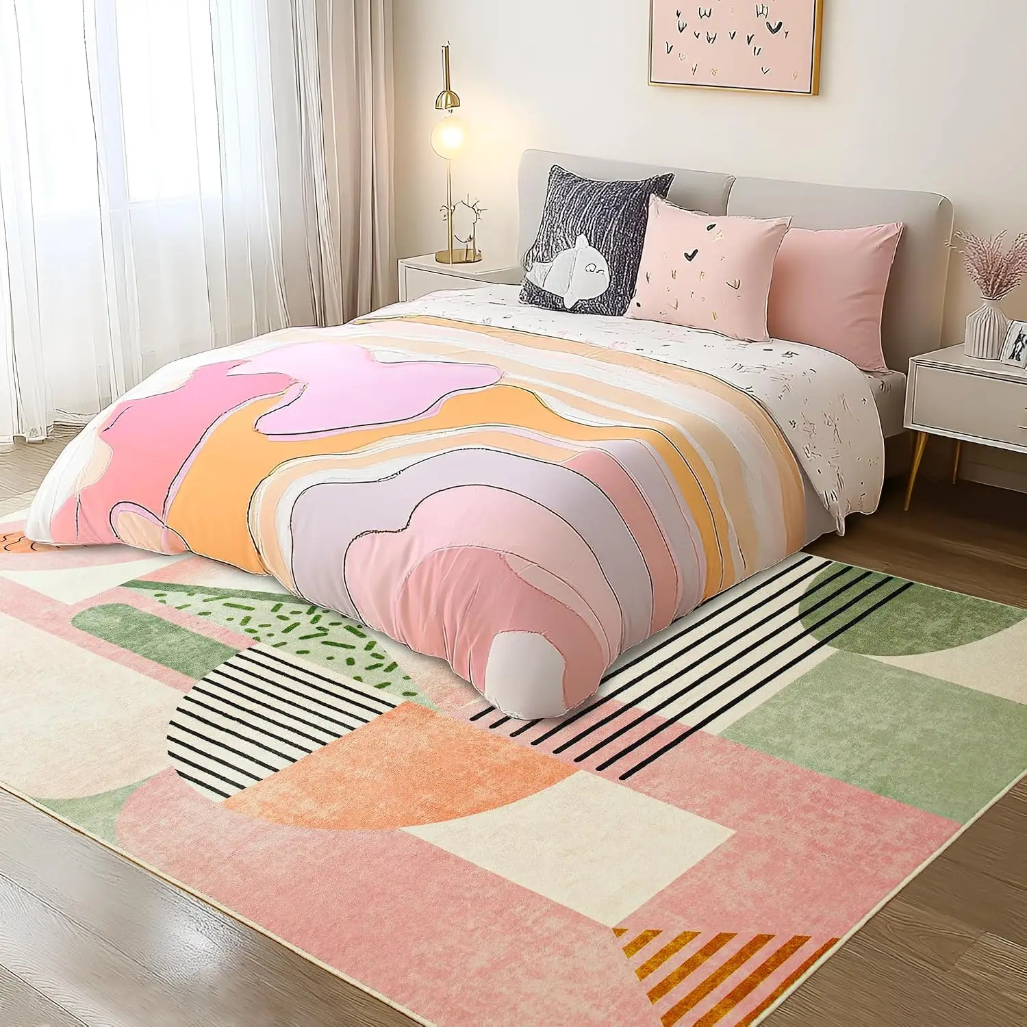Pink Washable Abstract Area Rug, Non-Slip Indoor Carpet for Living Room Bedroom Nursery Playroom Home Decor