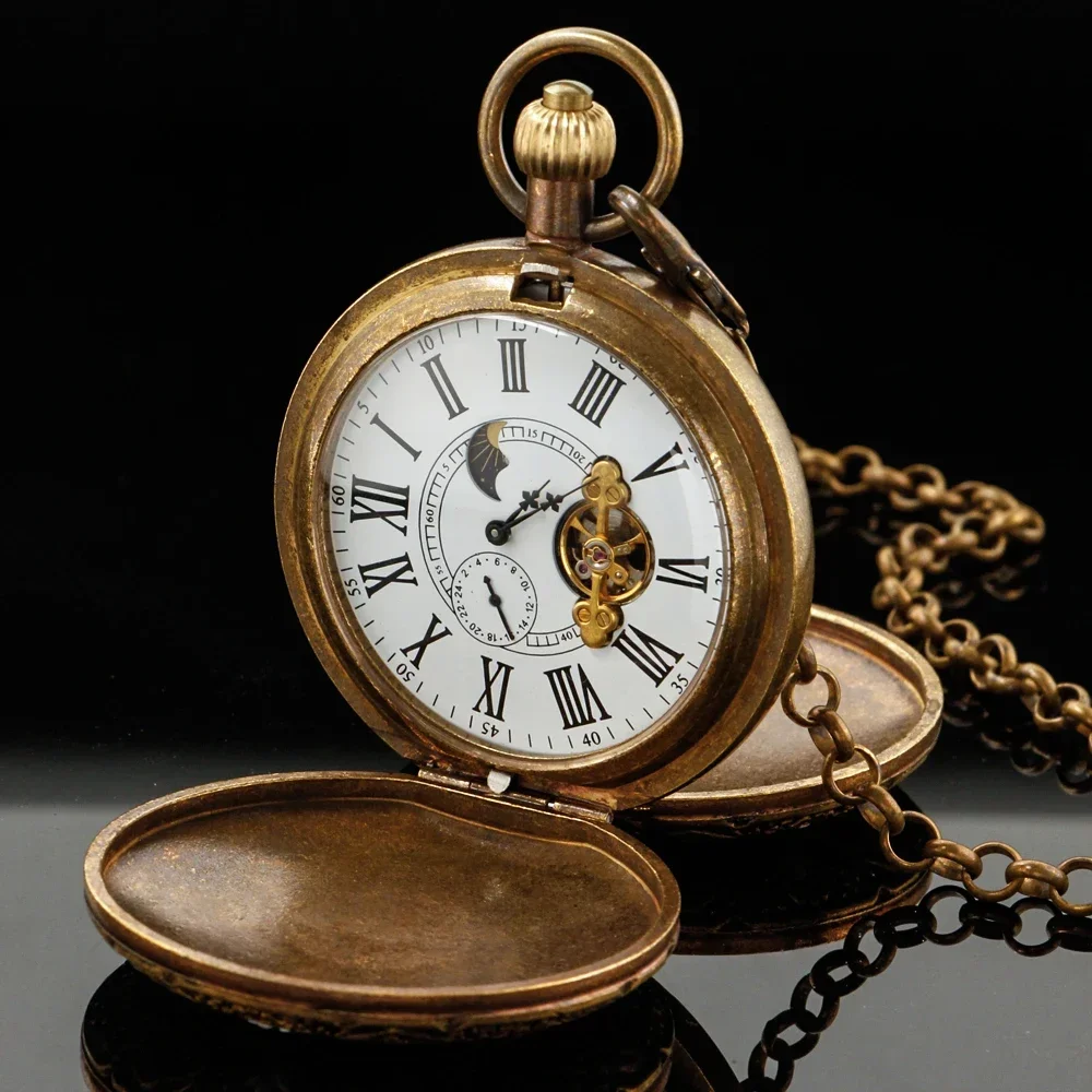 Vintage Classic Moon Phase Retro Ms.Pocket Watch Skeleton Hand-winding Mechanical Clock Pendant Chain Roman Number Dial Gift