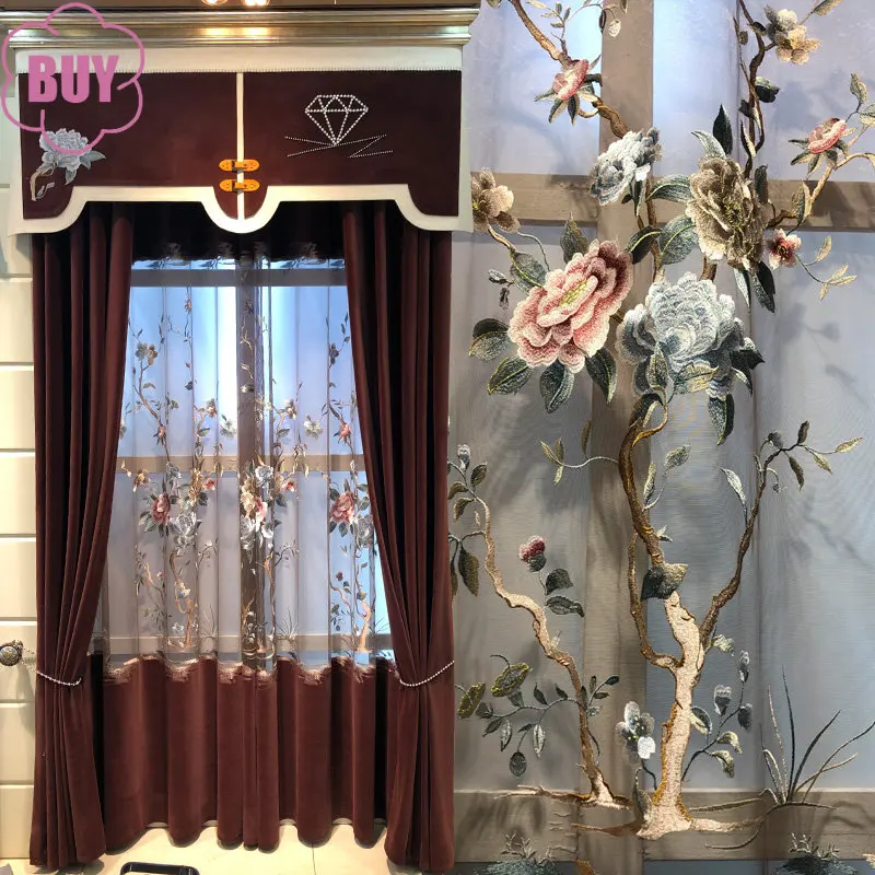 

Chinese Curtains for Living Dining Room Bedroom High-end Window Screen Embroidered Velvet Curtain valance Window tulle Custom