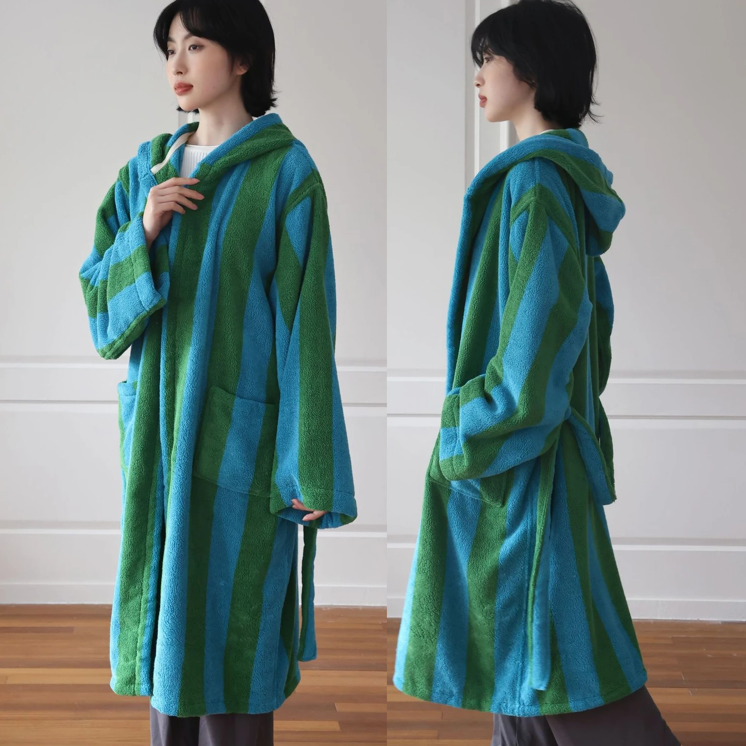 

100% Cotton Bathrobe Super Soft Absortion Stripe Hooded Bathrobe Towel Combed Cotton Sleepwear Robes Loose Women's Homewear