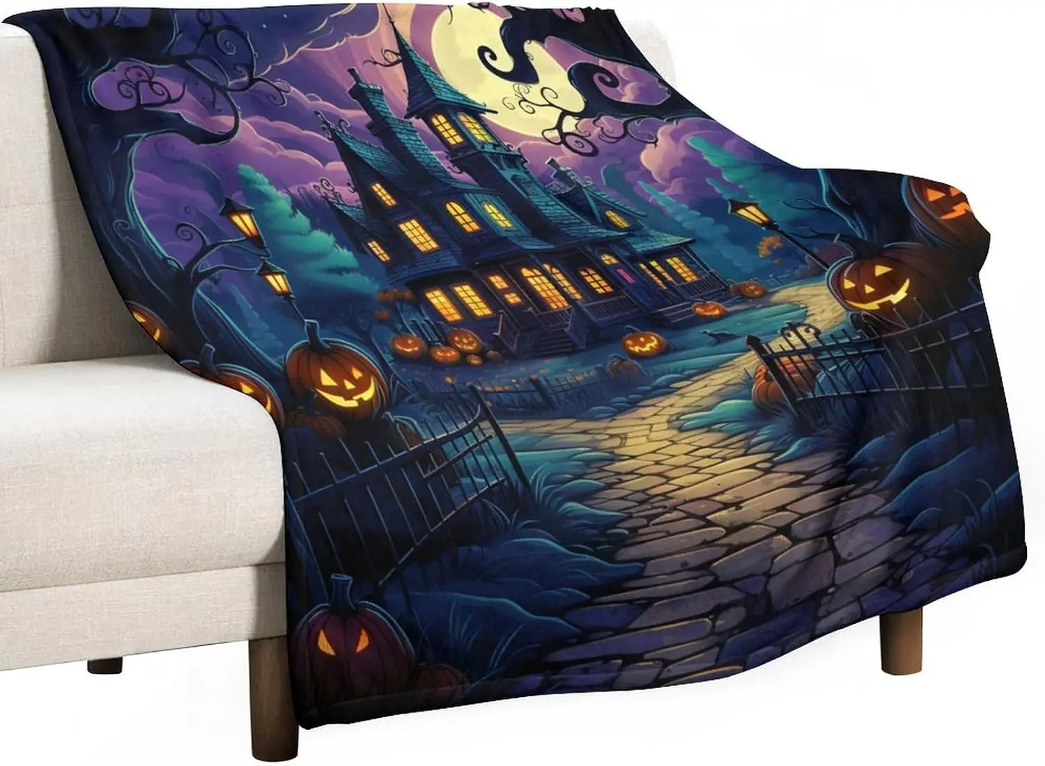 Haunted House Castle Moon Medieval Forest Pumpkin Blanket Happy Halloween Holiday Throw Blankets 60