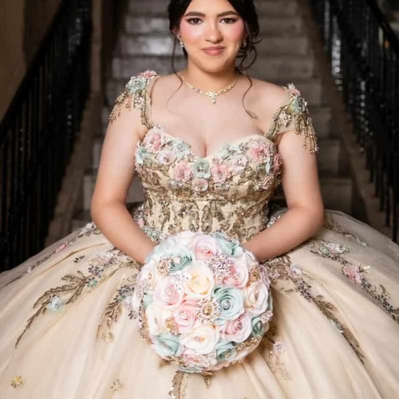 

Champagne Quinceanera Dress glitter 3D flower Decal Long tail Lace layering Vestidos De 15 Quinceanera ﻿Customize