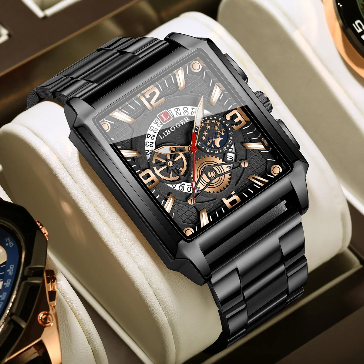 

Fashion Rectangle Men Business Watches Luxury Stainless Steel Band Calendar Quartz Wristwatch Relogio Masculino（Without Box）
