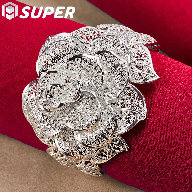 925 Sterling Silver Big Flowers Bangle Bracelet For Woman Wedding Engagement Fashion Charm Party Jewelry
