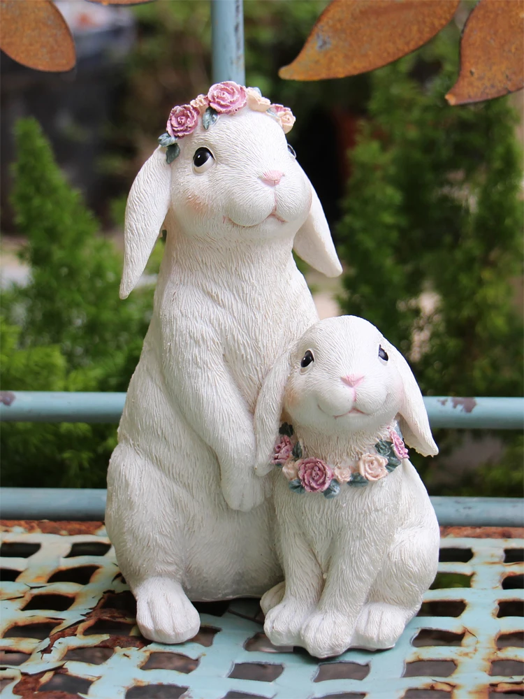 Double Rabbit Hanging Basket Flowerpot Wreath Mother And Child Rabbit Resin Crafts Outdoor Garden Yard Balcony Figurines Decor