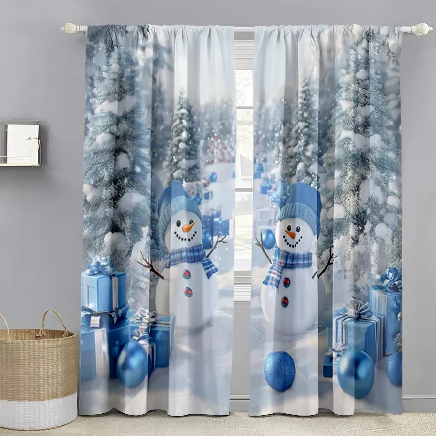 2PCS Digital Print Curtain, Blue Snowman with Gift Boxes and Snowy Pine Trees, Winter Christmas, for Bedroom Window Decoration