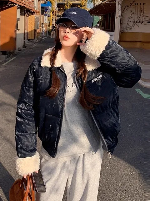 Lamb Fur Collar Short Cotton Jacket Women's Winter Fashion Retro American Bread Style Student Coat Thickened Long Sleeve Zipper
