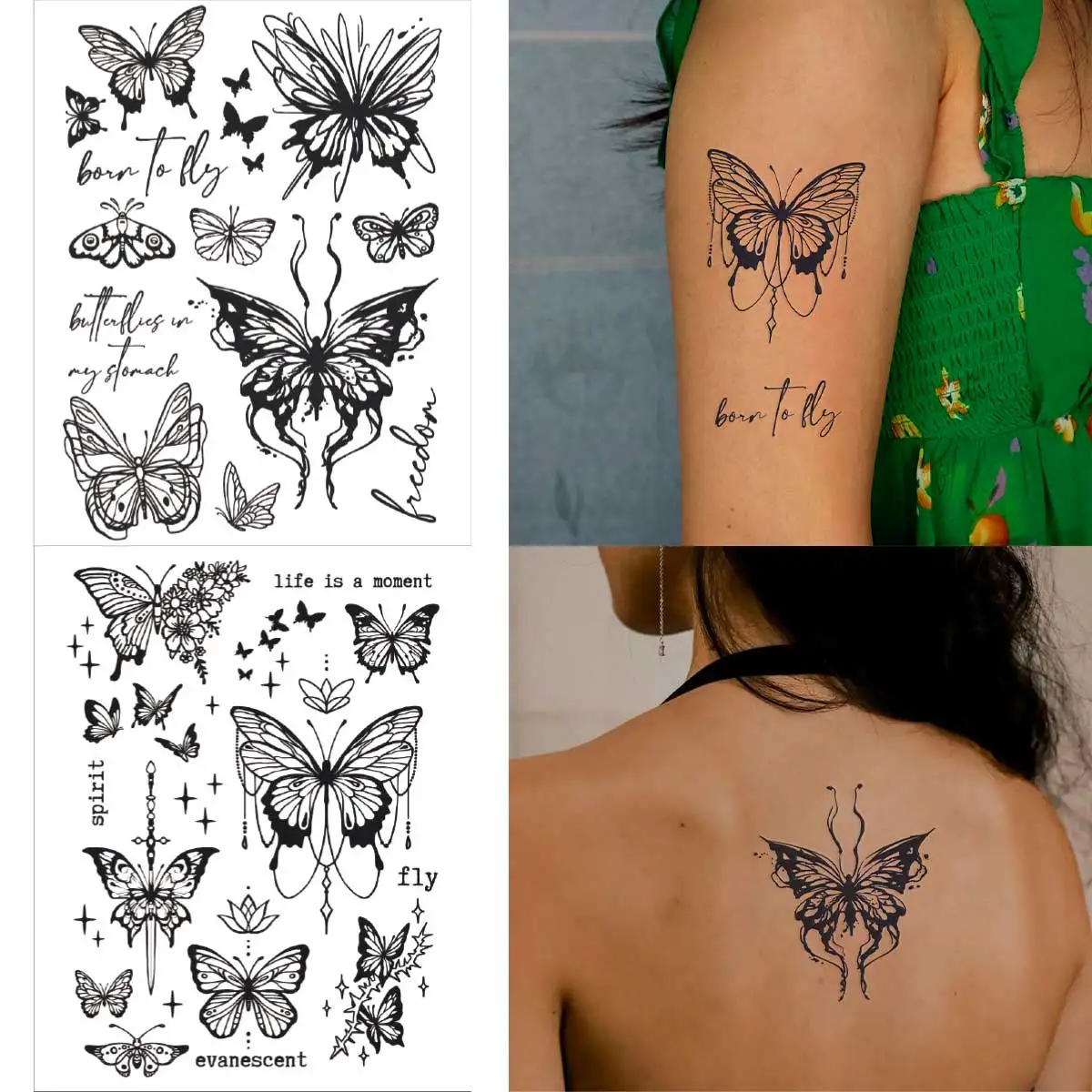 

2pcs Black Butterfly Fake Tattoo for Woman Creative English Letter Temporary Tattoo Sticker Arm Hand Waterproof Tattoo Body Art