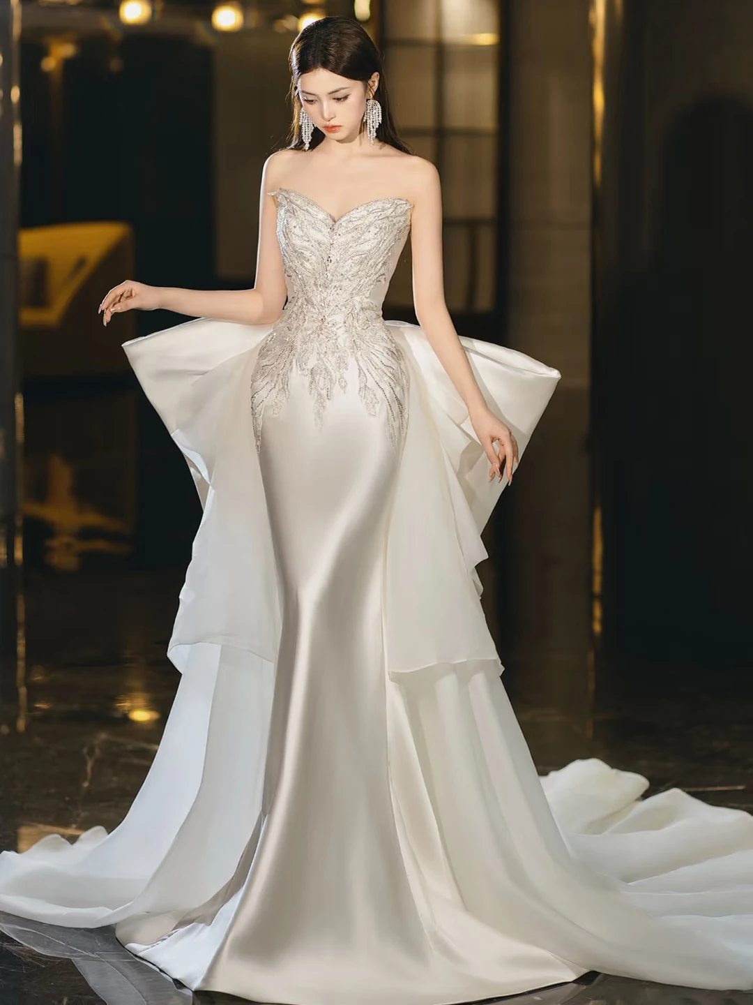 Korean Style Tube Top Satin Main Wedding Dress Heavy Industry Advanced Texture Morning Gowns Bride Engagement Toast Dress