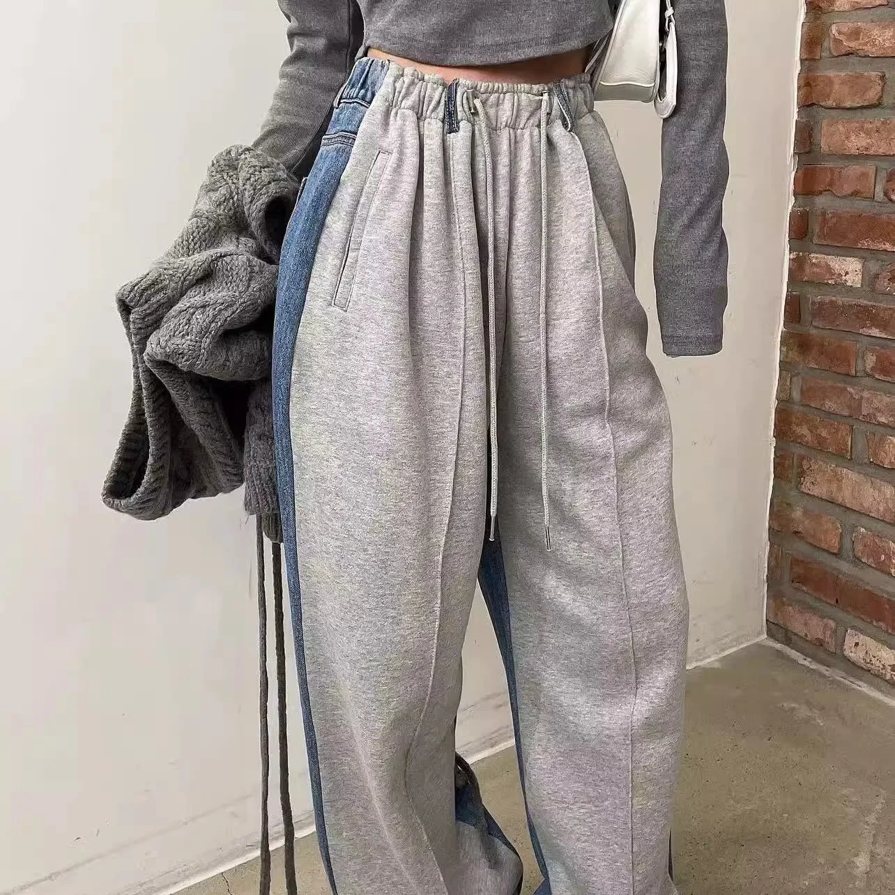 

Повседневные лоскутные джинсовые джинсы, женские элегантные дизайнерские утягивающие брюки с высокой талией, прямые длинные брюки, спортивные штаны Personali