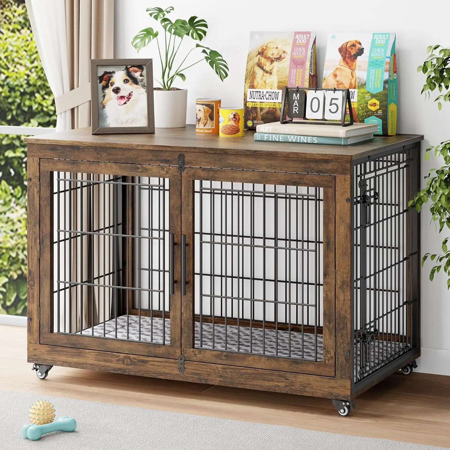 Dog Crate Furniture with Cushion, Wooden Dog Kennel Indoor with Double Doors, Dog Cage with Wheels