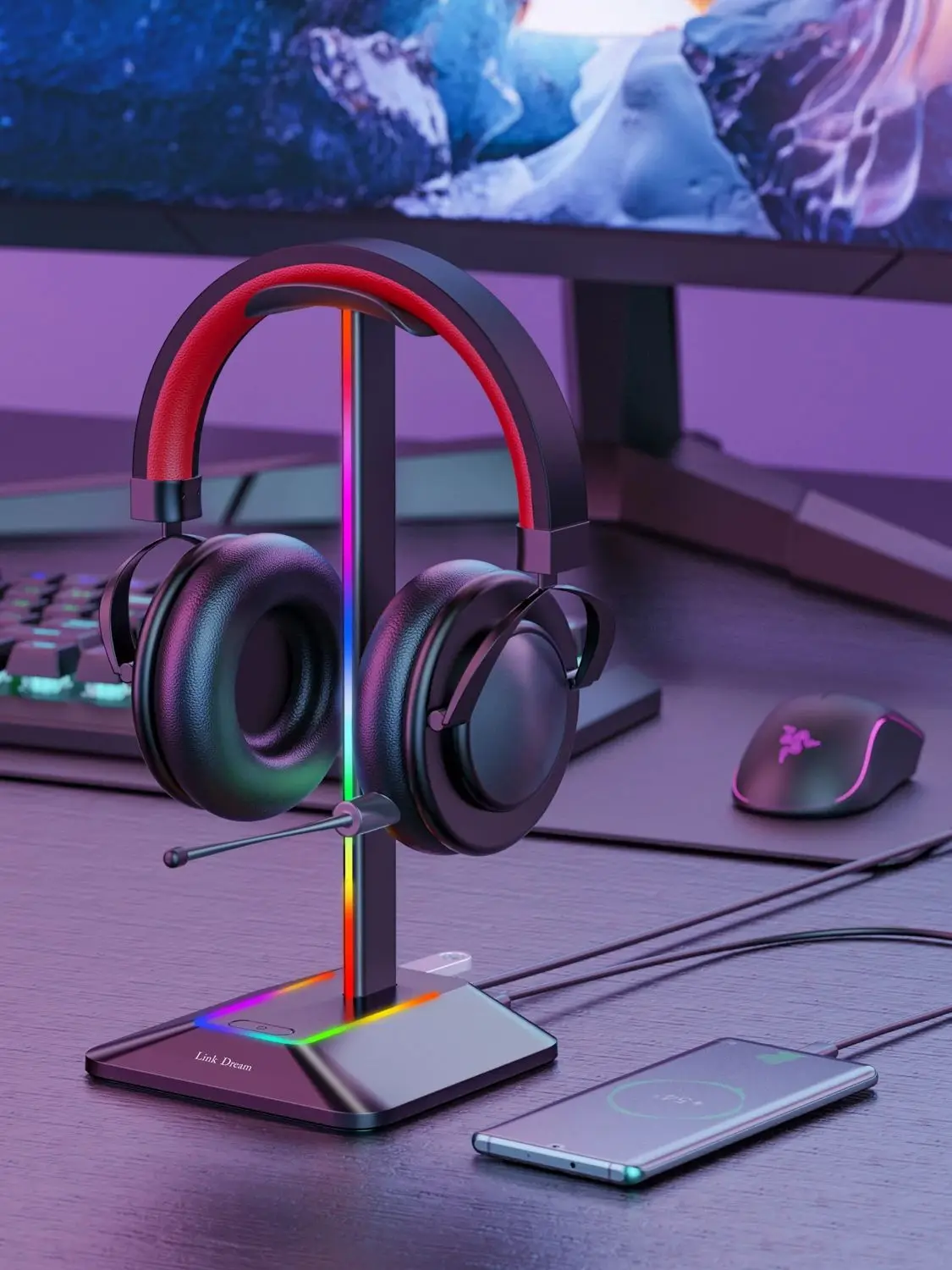 VCOM Supporto per cuffie RGB con 2 USB e 1 connettore di tipo C, supporto per cuffie da gioco con 10 modalità di luce, accessori per cuffie per PC VCOM Supporto per cuffie RGB con 2 USB e 1 connettore di tipo C, supporto per cuffie da gioco con 10 modalità di luce, accessori per cuffie per PC