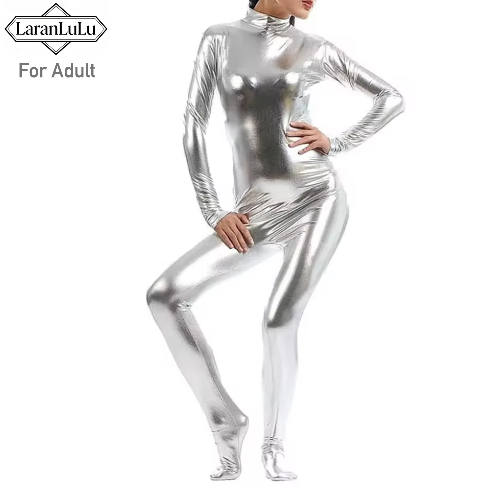 Women Shiny Metallic Unitard Headless Long Sleeve Zentai Back Zipper Halloween Catsuits Zip Footed Full Bodysuits Adult Cosplay