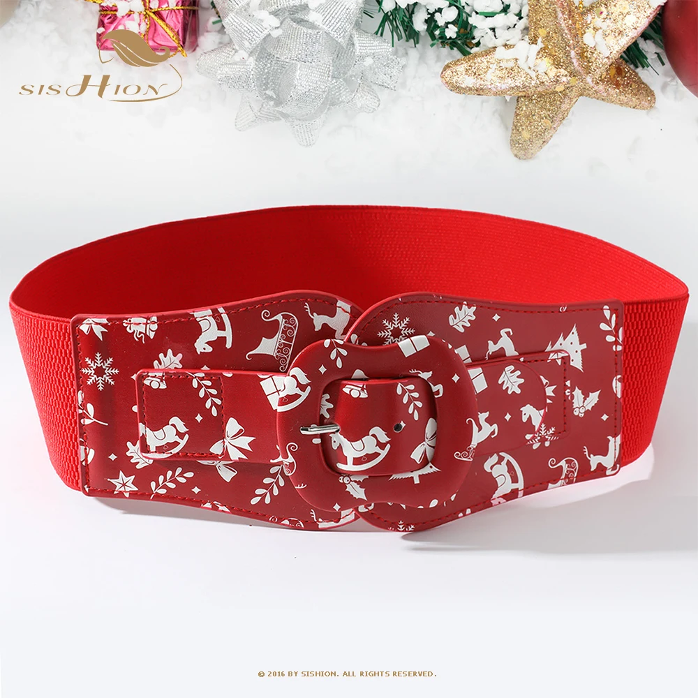 

SISHION Printed Elastic Wide Waist Belts for Women Ceinture Femme VD3431 Red Corset Cummerbund Women Christmas Belt for Dress