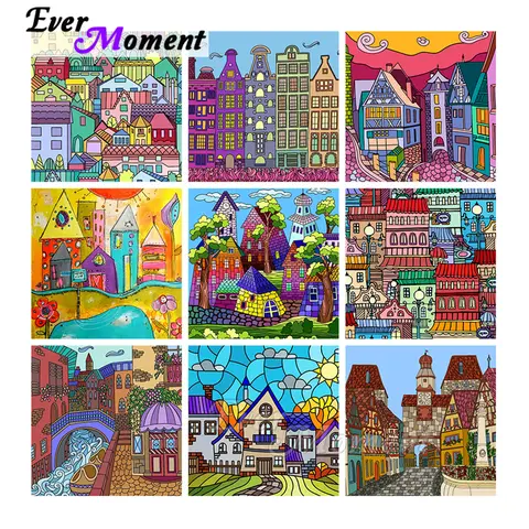 Ever Moment Diamond Painting Cartoon Colorful House Picture 5D DIY Resin Full Square Round Drill Gift Home Decoration ASF2134