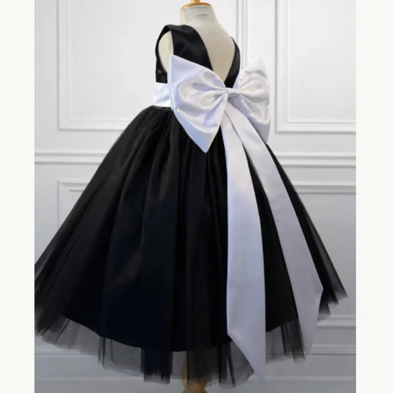 Satin Flower Girl Dress For Wedding Halter V Back White Oversized Long Bow Birthday Pageant Photo Formal Party Outfit