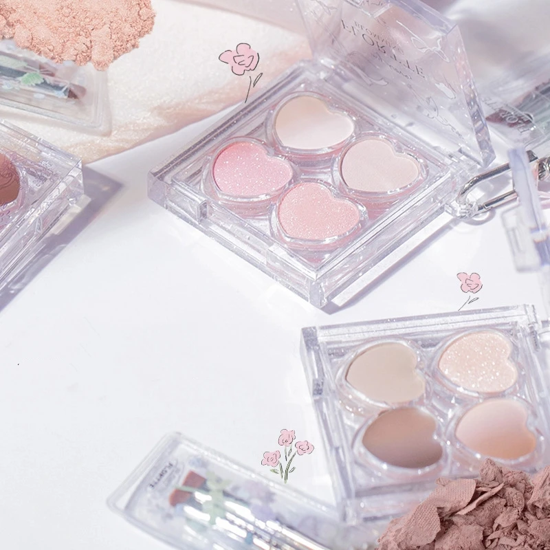 FLORTTE Oogschaduw 4-kleuren Matte Fijne Shimmer Multifunctioneel Draagbaar Palet Hoogtepunt Blusher Glitter Glanzend Gezicht Fleuren Make-up