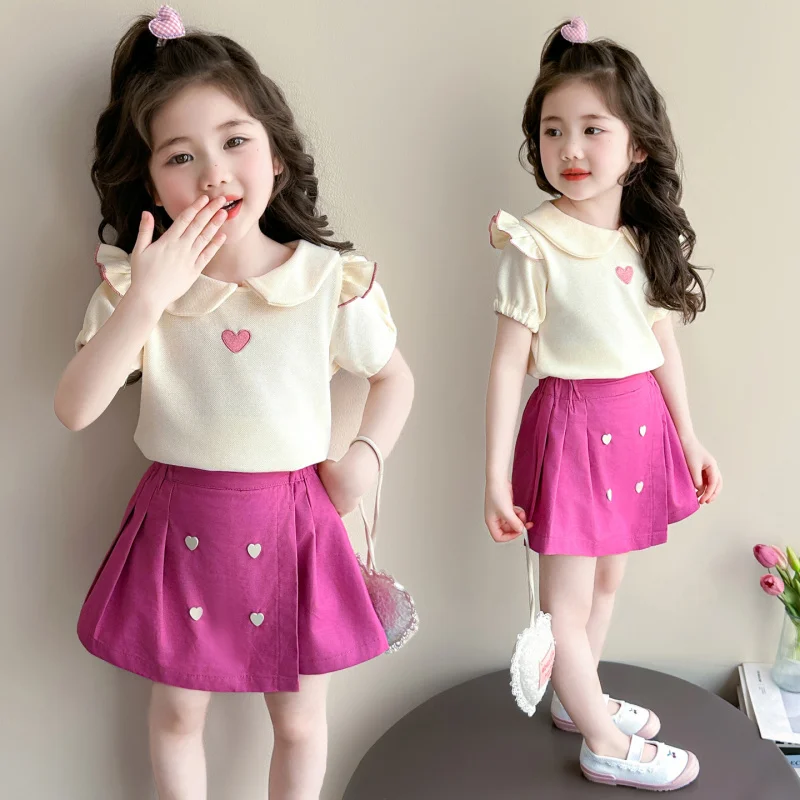 

Girls' fashionable short-sleeved summer outfit2026New stylish children's flutter-sleeve top and baby skirt two-piece set