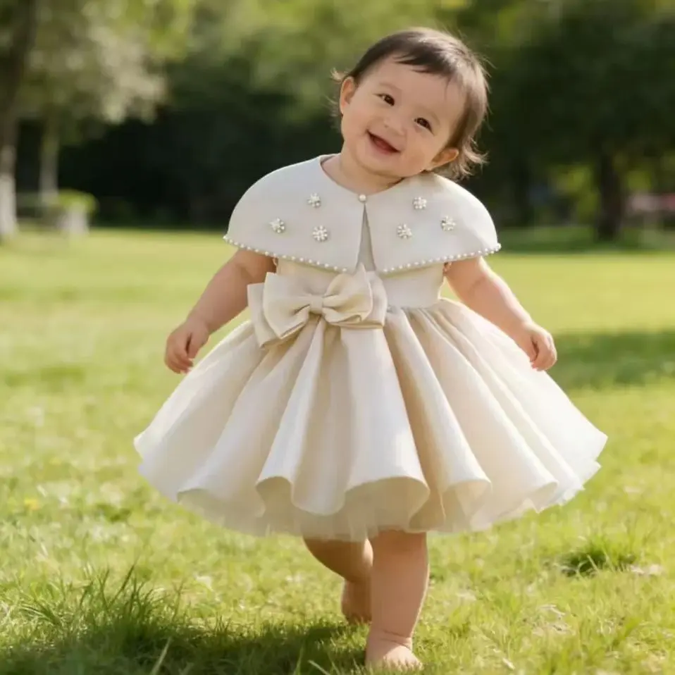 Girls Satin Fabric Princess Dress with Shawl Puffy Skirt Butterfly Knot Pearl decoration Baby Birthday Party Costume Photography