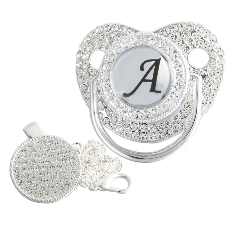 Initial Letter Siliver Baby Pacifier With Colorful Gem BPA Free Luxury Silver Dummy Soother Chupeta Weaning pacifier