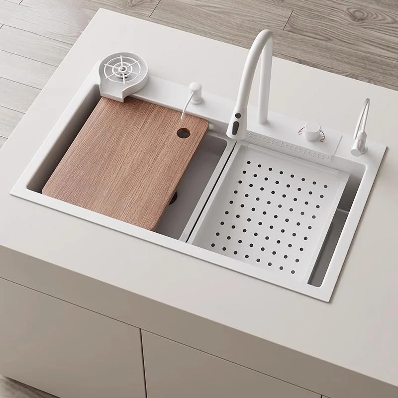 White Stainless Steel Waterfall Kitchen Sink Multifuctional Faucets Simple Style Large Single Slot Kitchen Novel Accessories