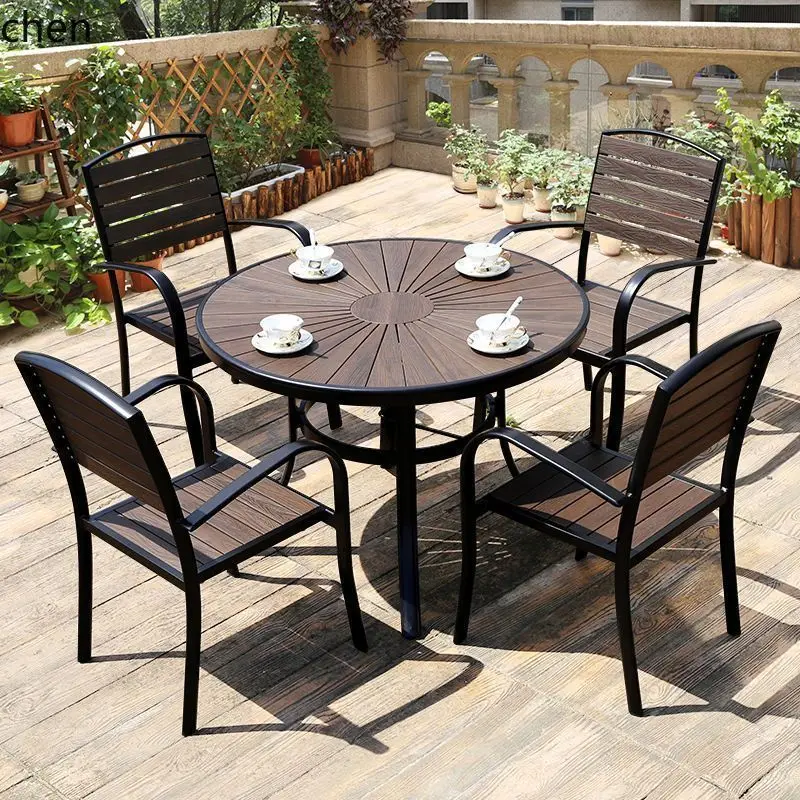 PYH Outdoor Table and Chair Set Plastic Wood  Sunproof Outdoor Open-air Garden Courtyard Table and Chair