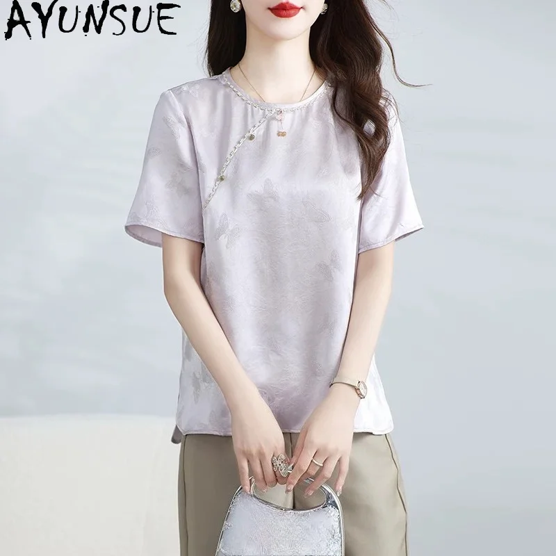 AYUNSUE 100% Real Mulberry Silk Woman Tops Short Sleeved Women T-shirts Chinese-style Jacquard Tshirt Summer Clothing 2026 티셔츠