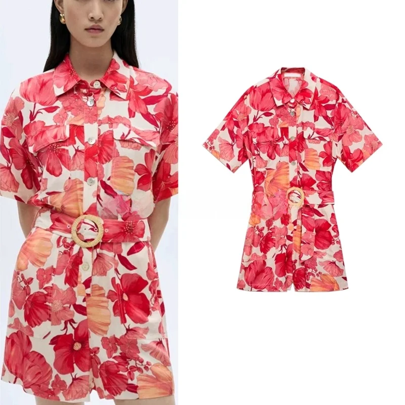 เสื้อผ้าผู้หญิงลายพิมพ์ใหม่สำหรับฤดูร้อน คอปกพับได้ หรือคอปกตั้ง  เอวสูงทรงตรง ผ้าโพลีเอสเตอร์ เหมาะสำหรับใส่ไปทำงาน