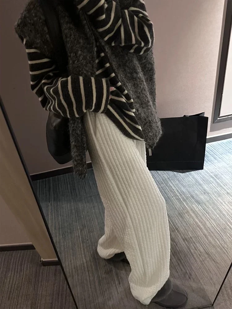 Loose Fit Casual Pants Elastic Waist Quilted Cotton Vertical Stripes Wide Leg Pants Women's Faion Winter Thiened Fce