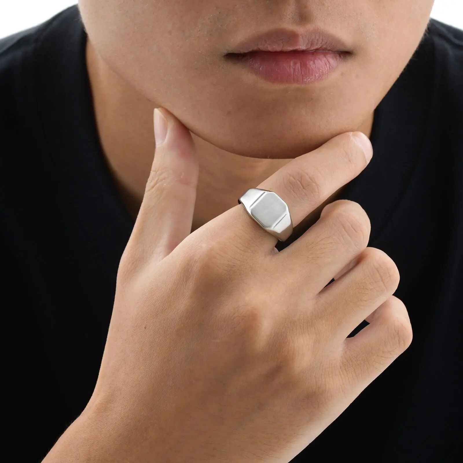 Silberfarbener quadratischer Siegelring für Männer und Frauen, gebürsteter Edelstahl-Ring, Bandring, einfacher klobiger Ring-Daumenring – Detail 7
