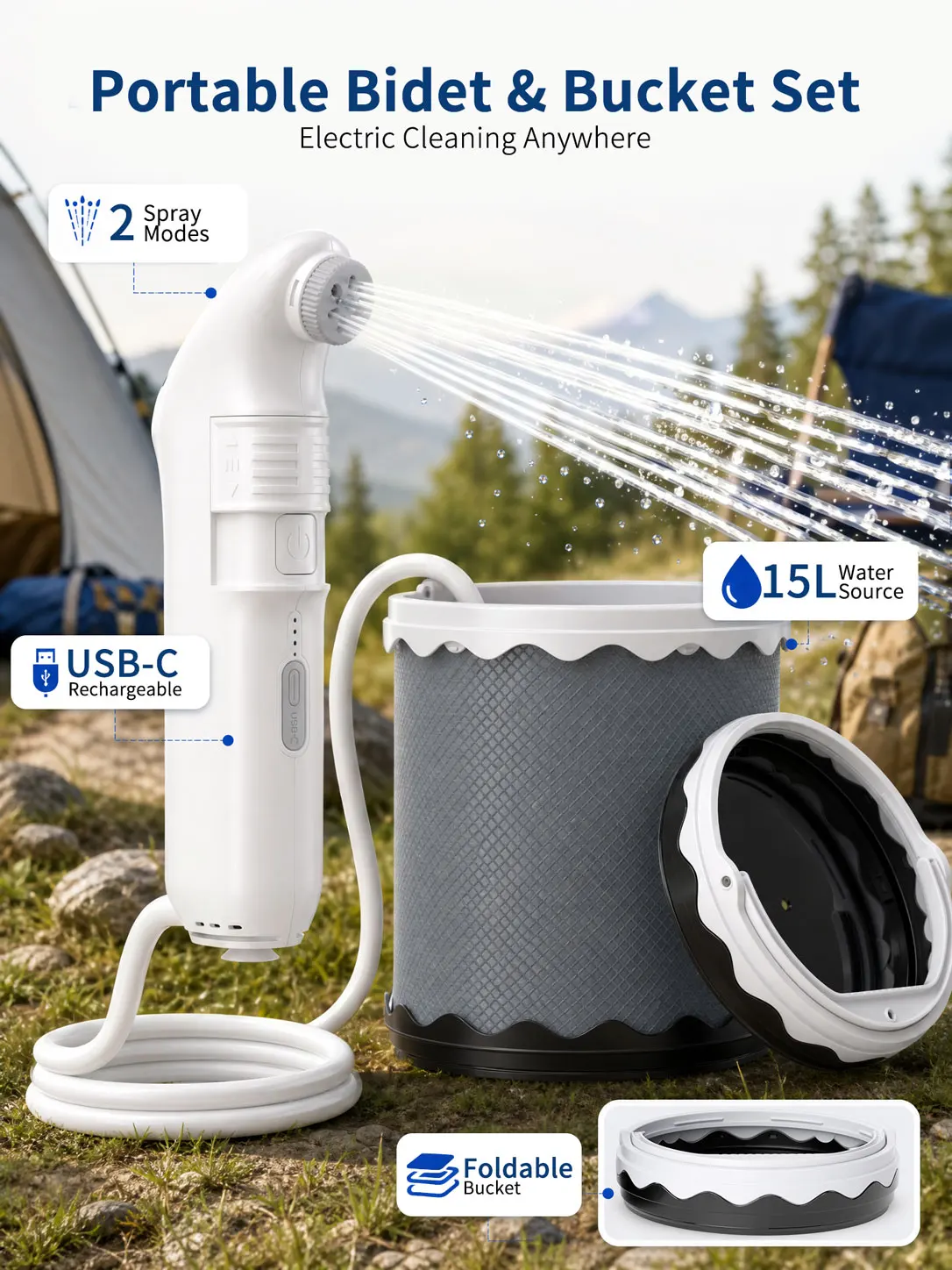 MintLeaf Portable Bidet with 15L Foldable Bucket,  2 Spray Modes, USB-C Rechargeable Travel Bidet,for Home Camping RV Daily