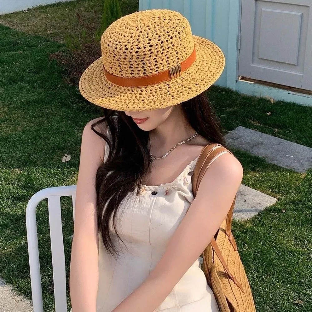 Sun Protection Straw Boater Hat Lightweight Breathable Mesh Handwoven Sun Cap Exquisite Craftsmanship Wide Brimmed