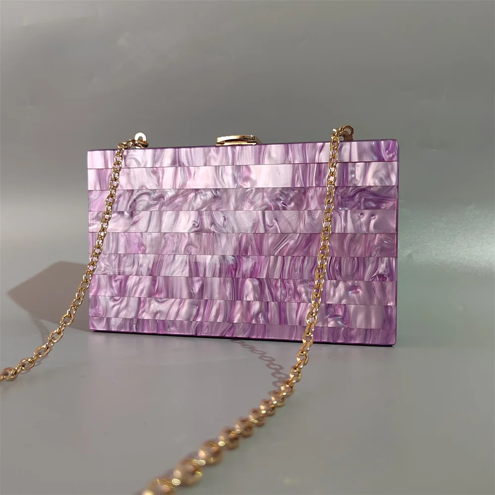 Elegant Pearl Purple Party Prom Cute Wedding Clutch Purse Casual Chains Handbags Brand Fashion Women Striped Acrylic Evening Bag