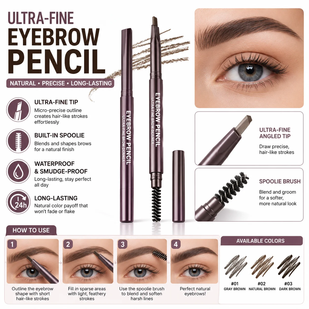 `Waterproof Rotating Natural‑Brown Eyebrow Pencil Triangular Ultra‑Fine Tip Brow Cream with Spoolie Brush Smudge‑Resistant Long‑