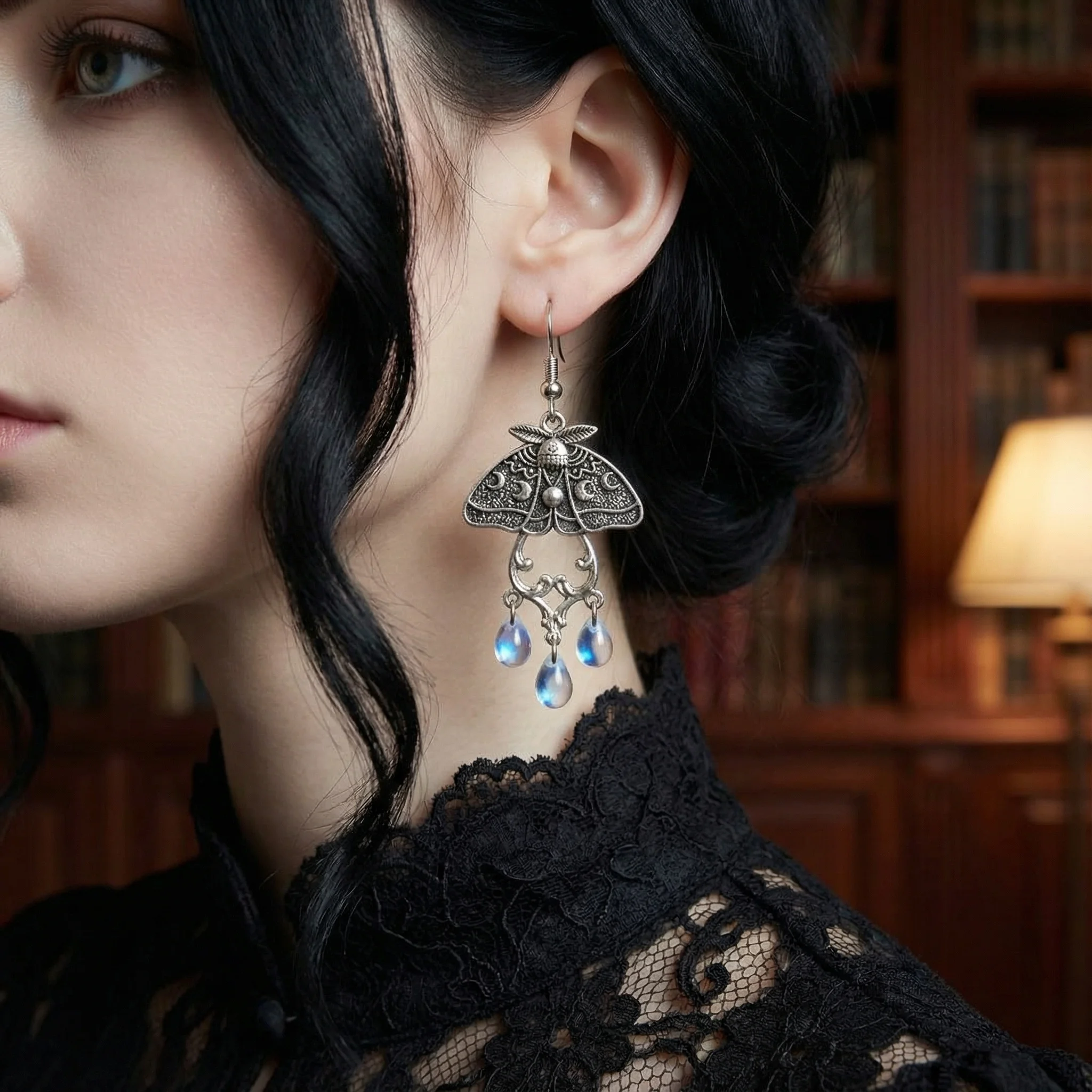 Moth-Shaped Pendant Earrings Decorative Flower Waterdrop Shaped Glass Earrings Fashionable Jewelry Accessory Moonlight Pendant