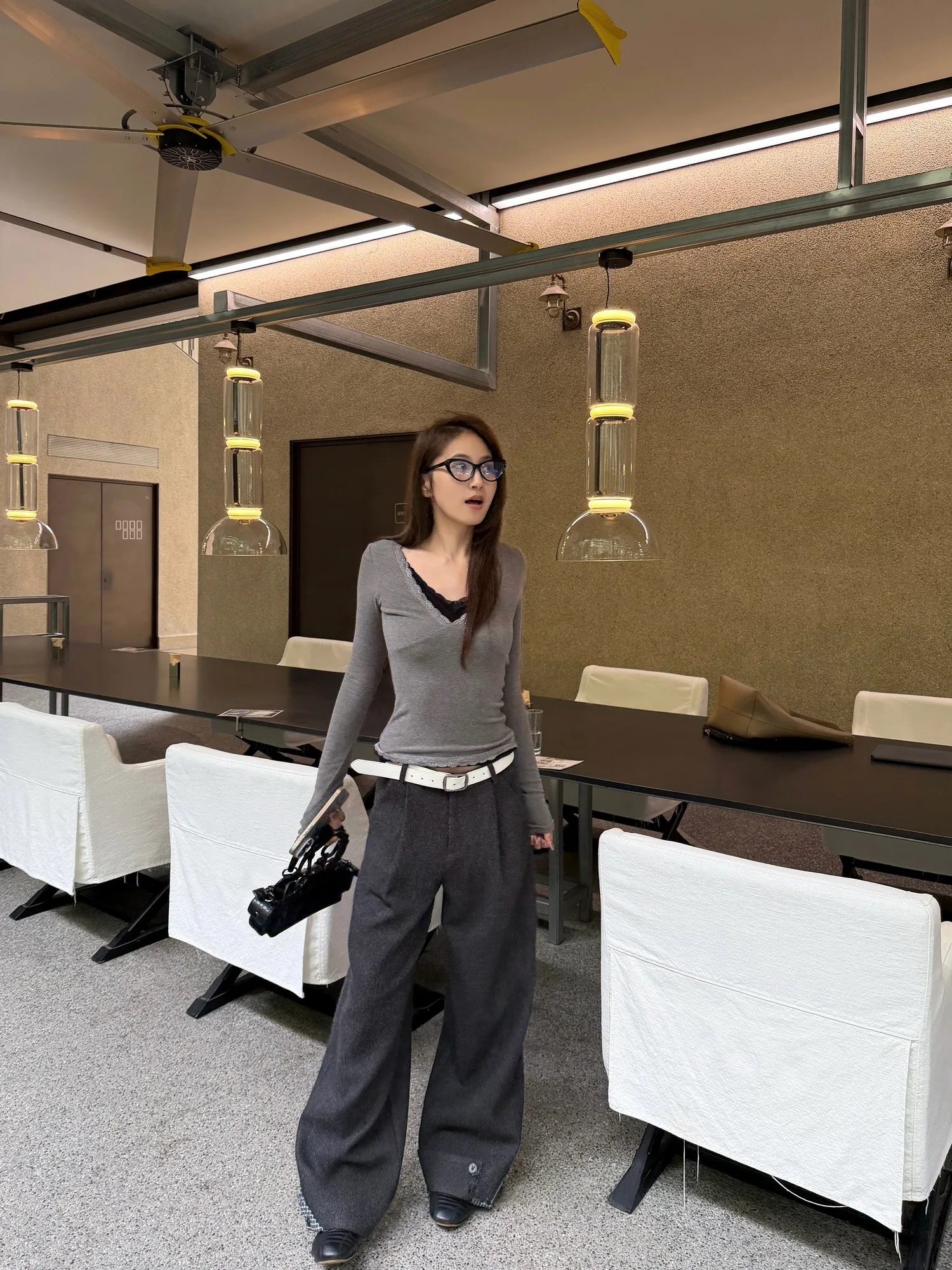 

Tenkevin Plaid Patchwork Woolen Wide Leg Casual Pants Women Loose Slim Straight Casual Trousers Comfortable Loose Fit Trousers