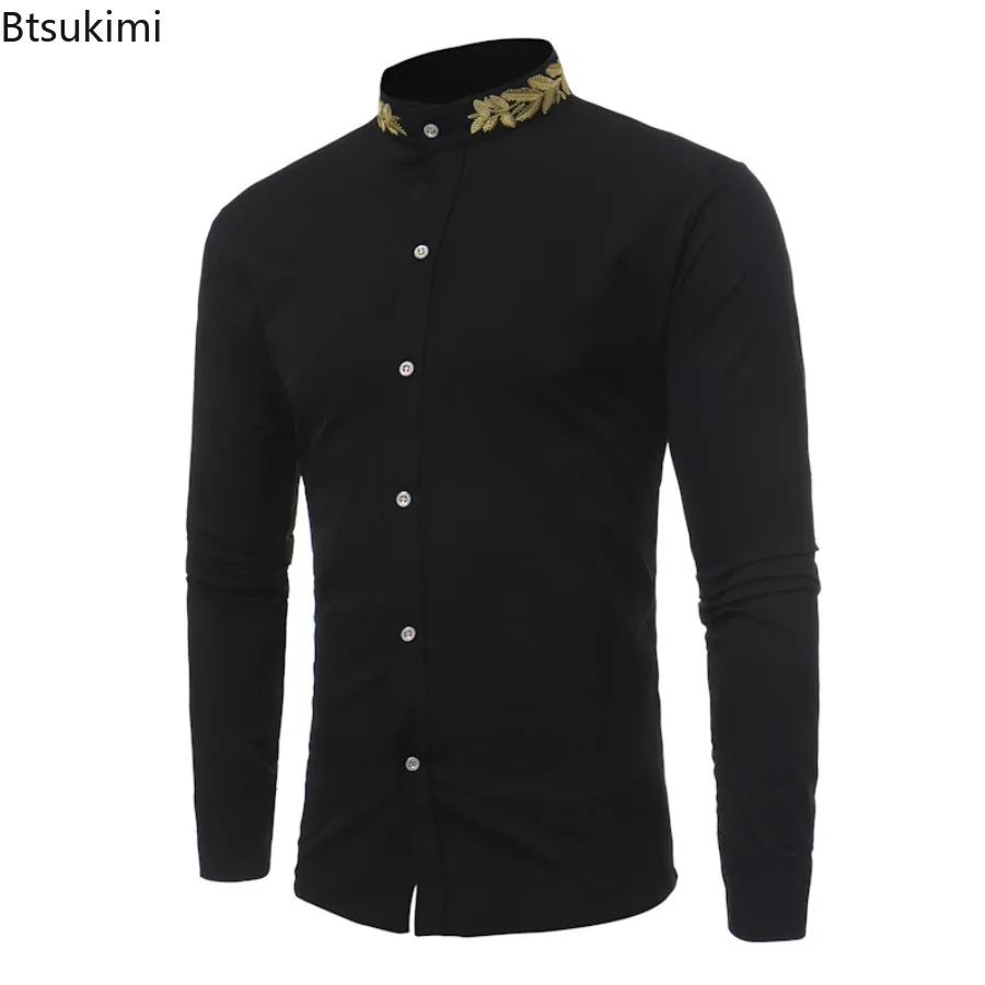 Spring Autumn New Men's Solid Simple Casual Shirts Fashion Embroidery Stand Collar Single Breasted Business Party Dress Shirts