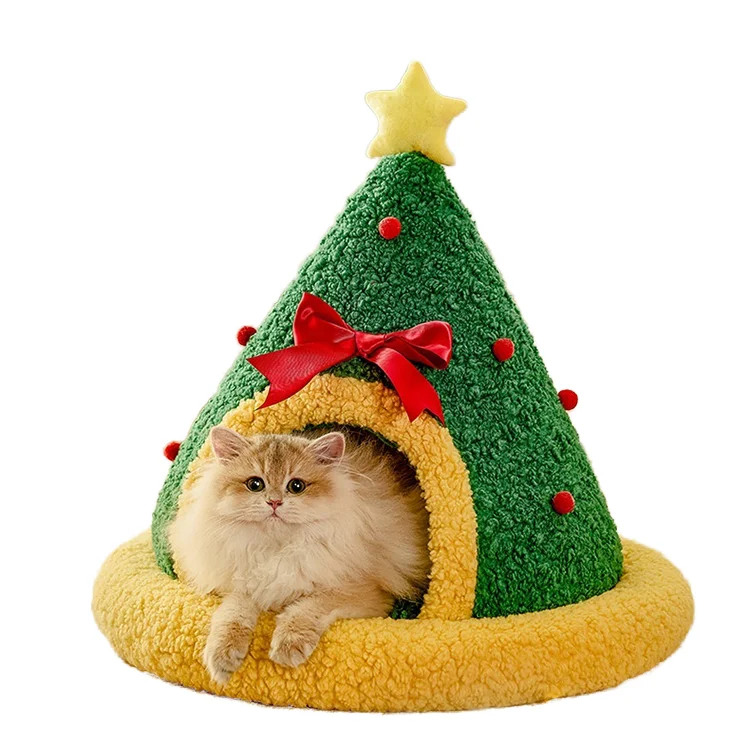 

Christmas Design Comfortable Breathable Wool Pet Beds Washable Cat Dog Nest Bed with Triangle Tree Cave and Pad