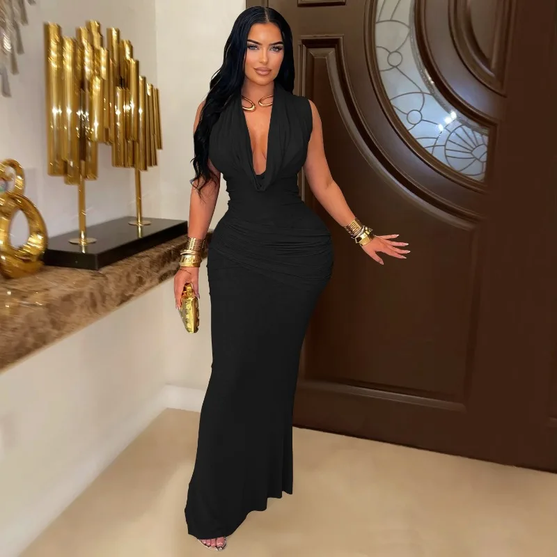 KEXU mode sans manches plissé col en v coupe basse Maxi robe longue maille transparente Sexy soirée tenue de club robes pour femmes