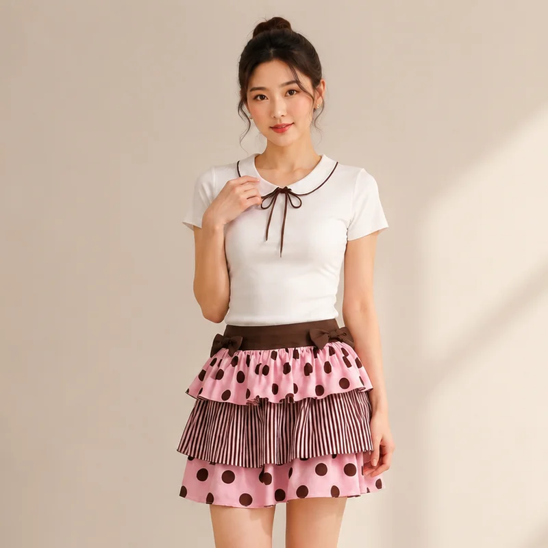 Women's Polka Dot Mini Skirt Tiered Ruffle A Line Bow Waist Striped Patchwork Cute Y2K Summer Casual Short Skirt