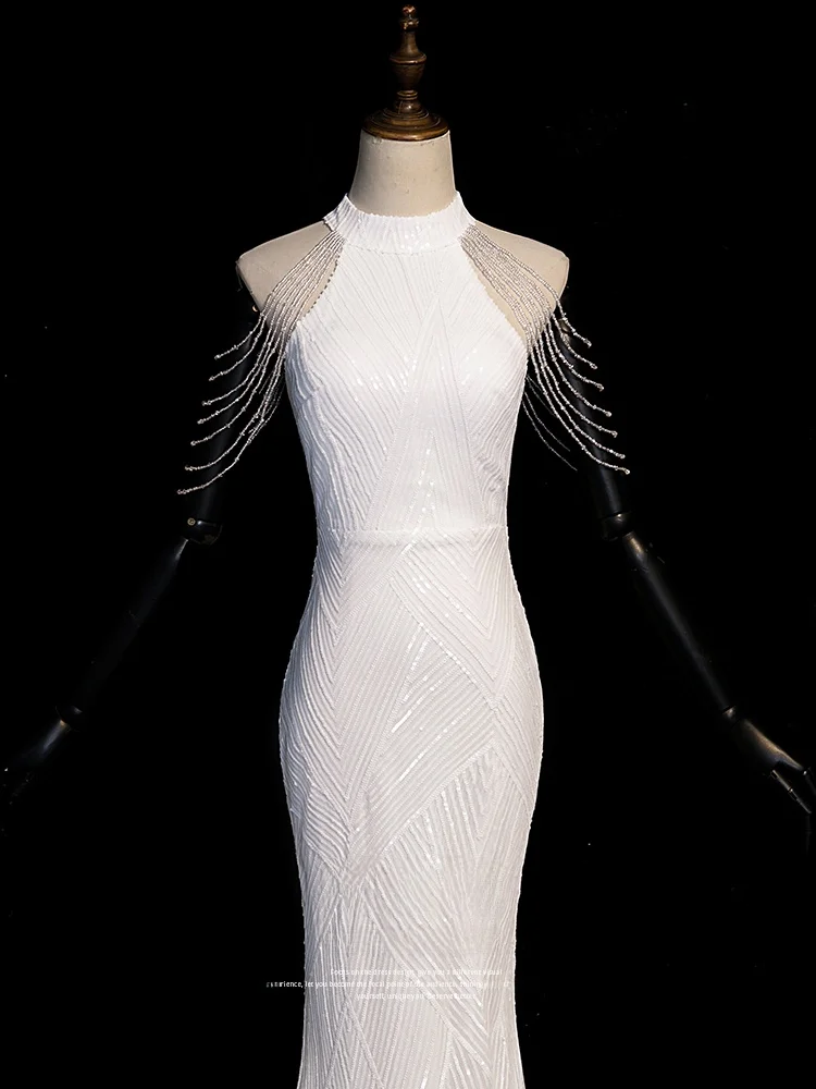 

Ele White Evening Gown Women's High-End Sensual Beautiful Lady Host Fi Tail Skirt High Precision Sexy Evening Par ...