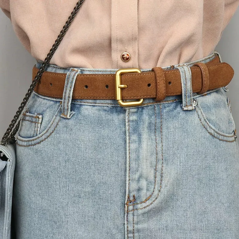 Fashion Suede Cowhide Skinny Belt for Women Trendy Genuine Leather Waistband with Jeans Pants Dress Ladies Designer Thin Belts