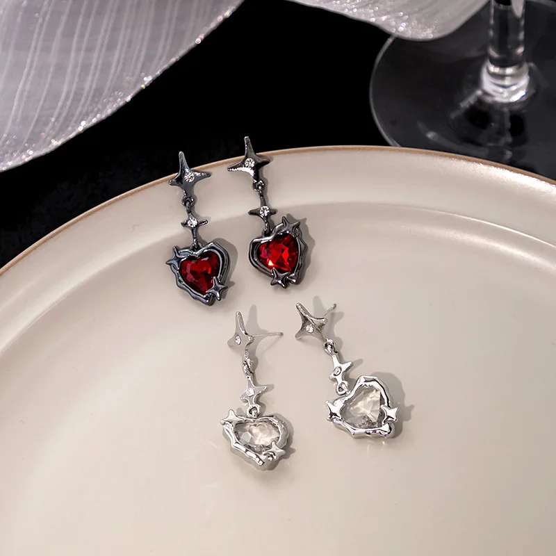 Y2K Goth Liquid Heart Cross Star Pendant Earrings Women Red Zircon Love Dangle Earring Gothic Irregular Tassel Earrings