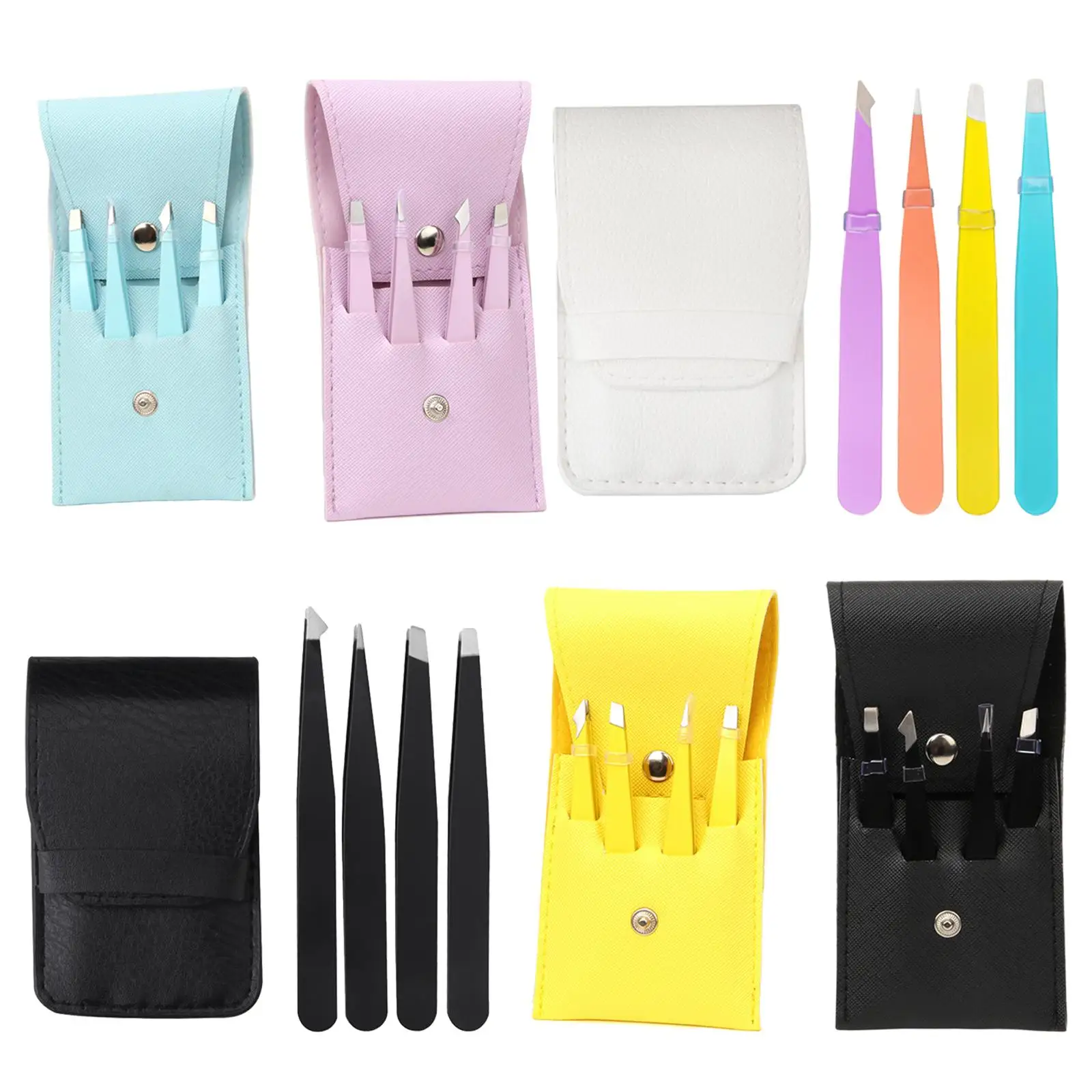 Slant Tip Eyebrow Tweezers Stainless Steel 4 Piece Set with PU Leather Case for Precise Brow Grooming Ingrown Hair Removal
