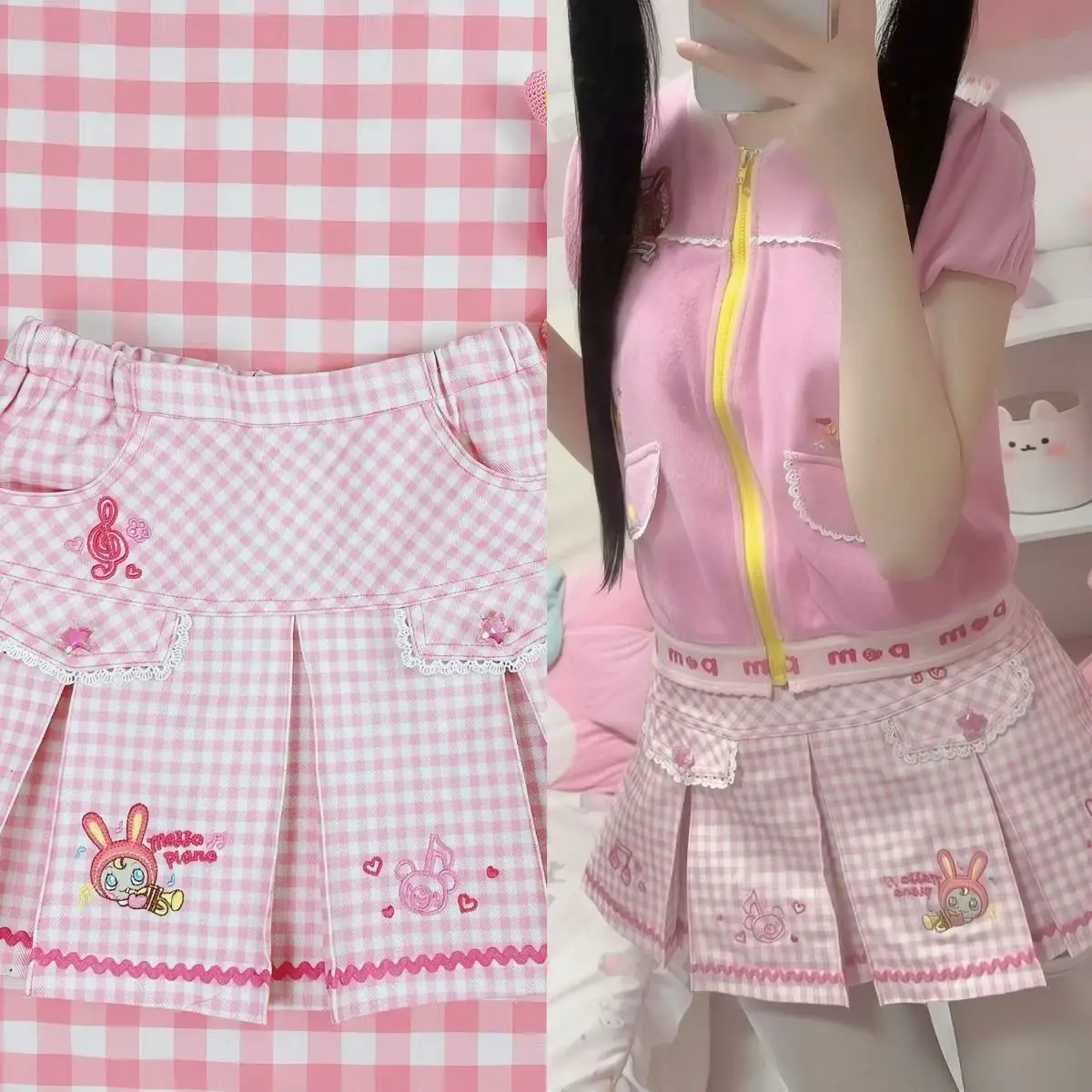 Japanese Summer New Sweet Girl Elastic Waist Pink Mini Y2k Skirt Subculture Cute Jojifuku Cartoon Mp Embroidery Plaid Skirt