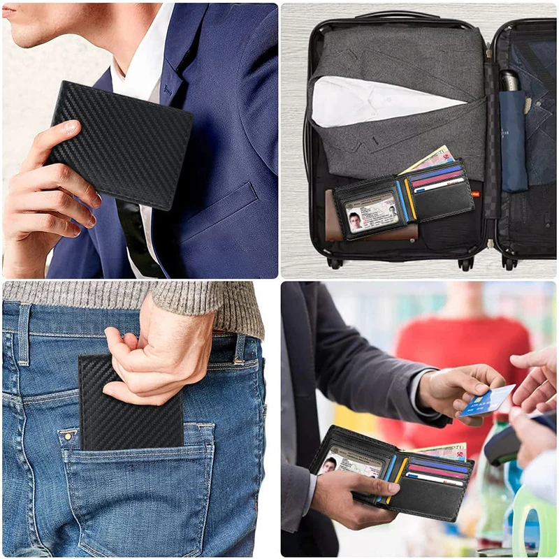 Slim Minimalist Tri-Fold Wallet Carbon Fiber RFID Blocking Men\'s Wallet With ID Window and 9 Card Slots