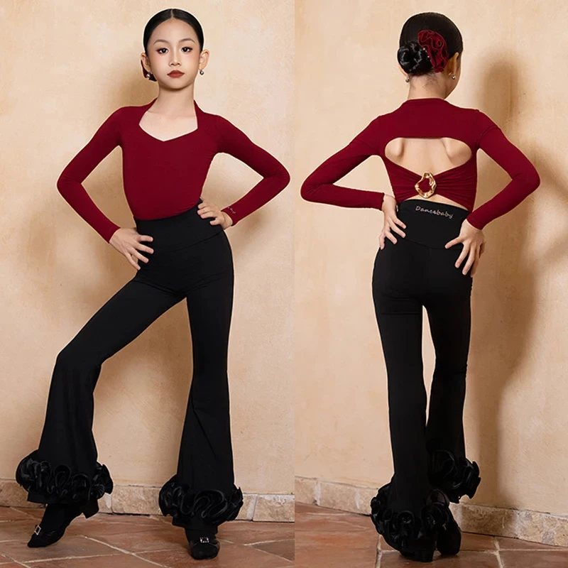 2024 Mädchen Latin Dance Kleidung Lange Ärmel Tops Rüschen Ausgestelltes Hosen Cha Cha Ballroom Dance Praxis Leistung Tragen